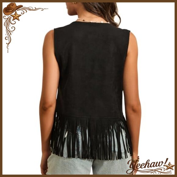 Faux Suede Fringe Vest Open Front Western Tassels 70s Boho Cardigan - Picture 4 of 4